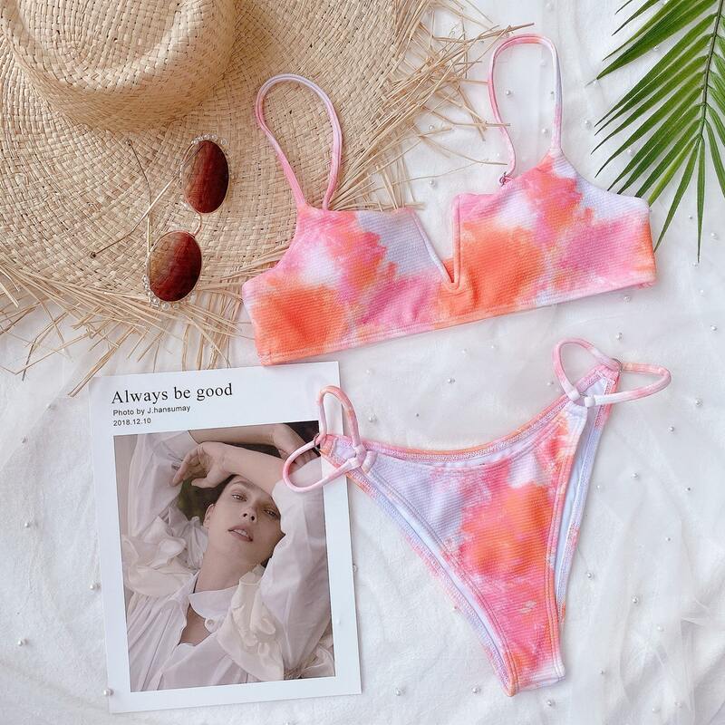 

Tie Dye Rib V Wired High Cut Bikini Swimsuit, Baby pink