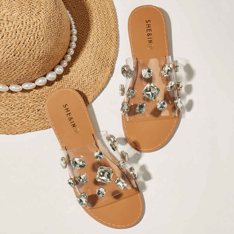 

Clear Rhinestone Decor Slide Sandals
