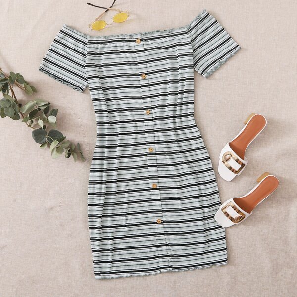 

Plus Off Shoulder Buttoned Front Lettuce Trim Striped Dress, Multicolor