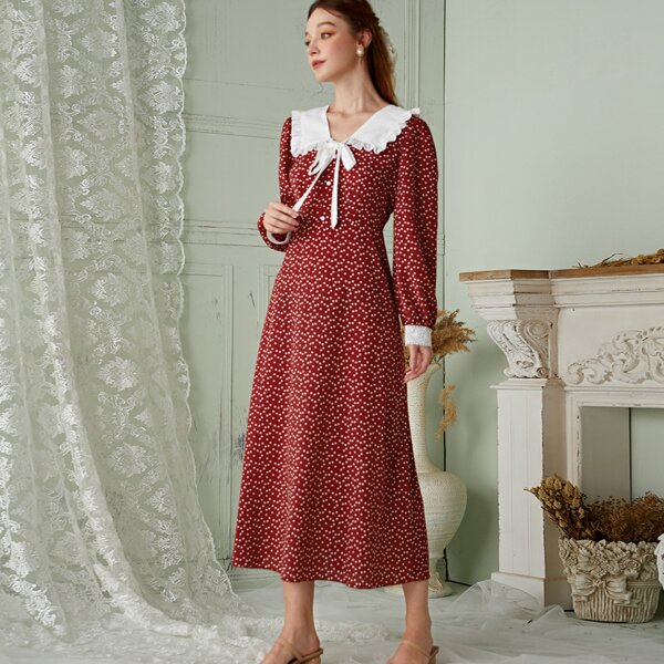 

Allover Heart Contrast Doll Collar A-line Dress, Burgundy