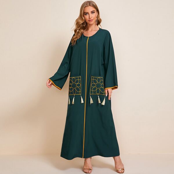 

Embroidered and Tassel Detail Pocket Patched Bell Sleeve Dress, Dark green