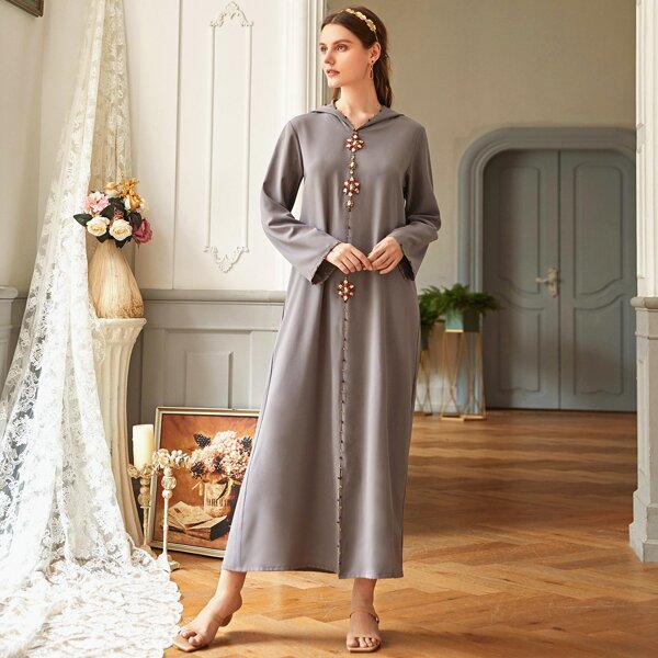 

Rhinestone Detail Hooded Abaya, Grey