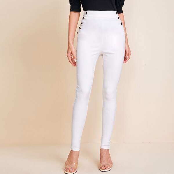 

Buttoned Front Form Fitted Pants, White