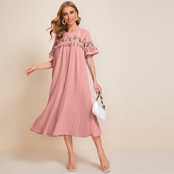 

Embroidered Floral and Bird Yoke Tassel Detail Pleated Dress, Dusty pink