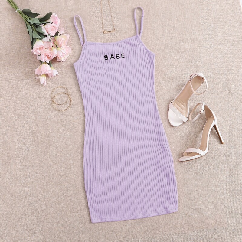 

Letter Embroidery Rib-knit Bodycon Dress, Lilac purple