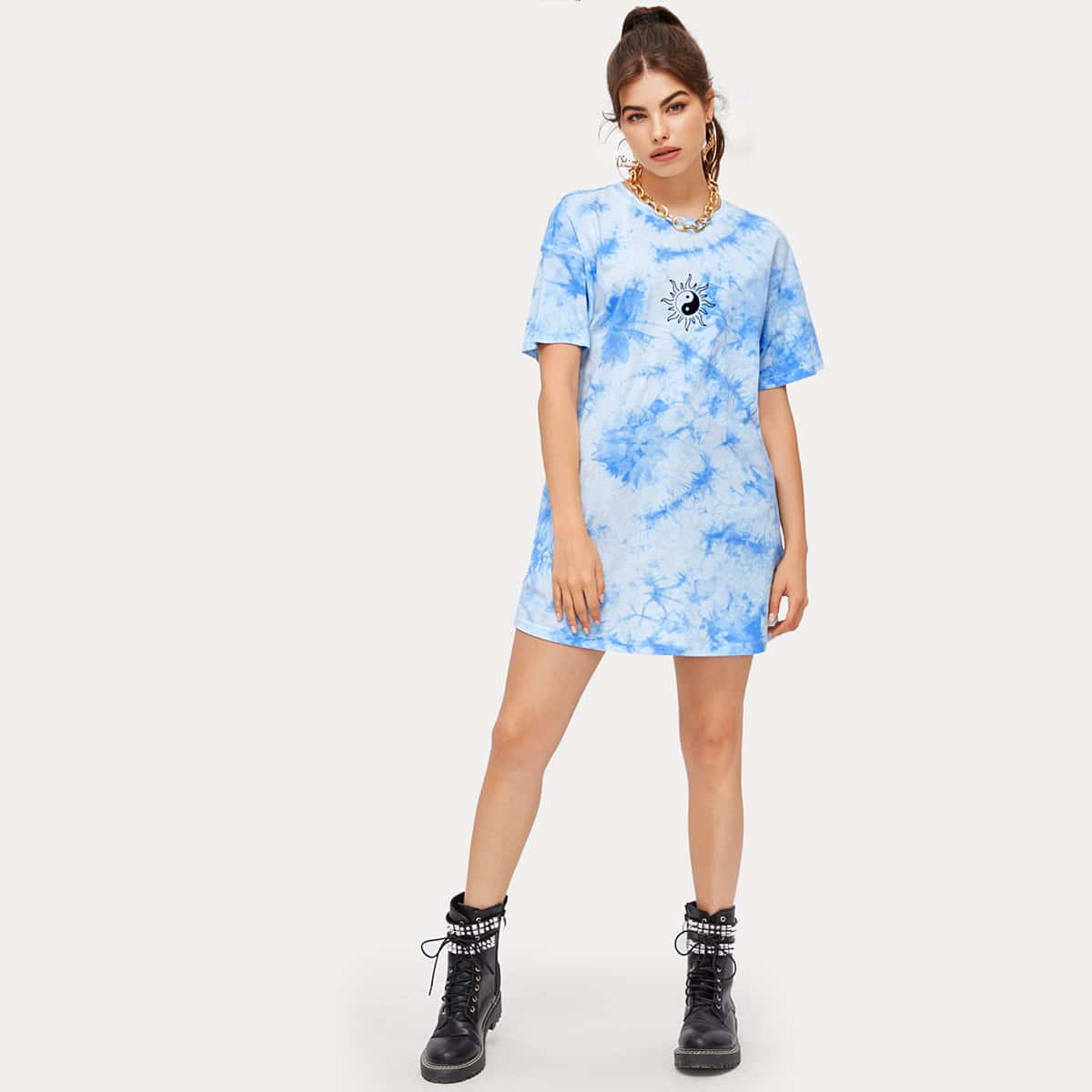 

Yin Yang Graphic Tie Dye Oversized Tee, Blue