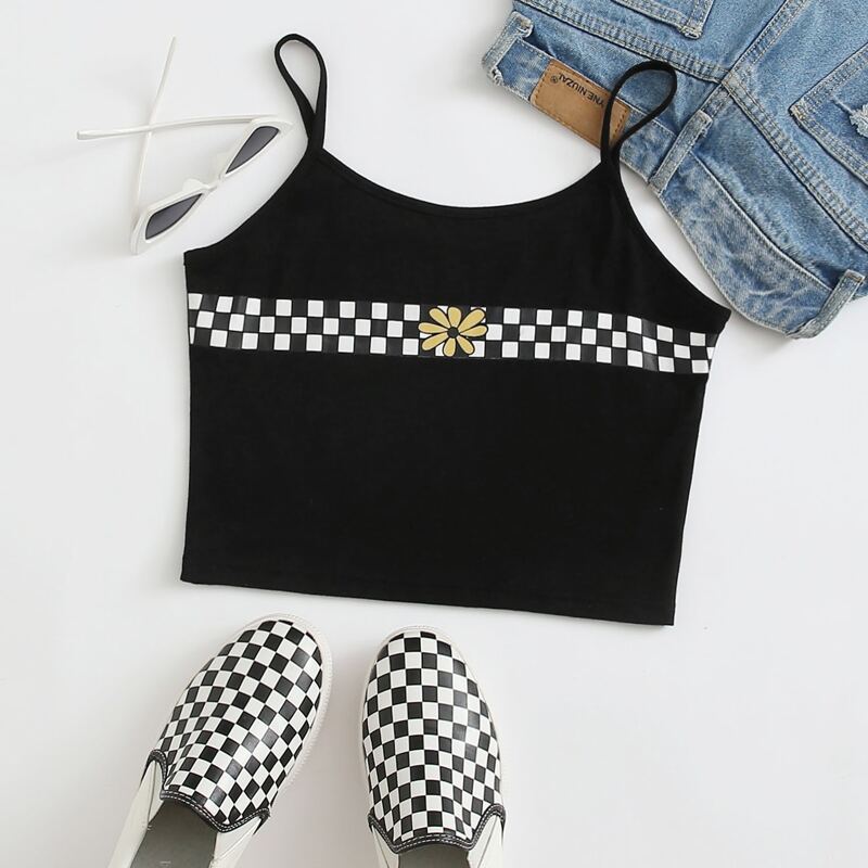 

Checkerboard & Floral Crop Cami, Black