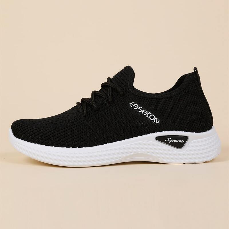 

Letter Graphic Lace-up Front Knit Sneakers, Black