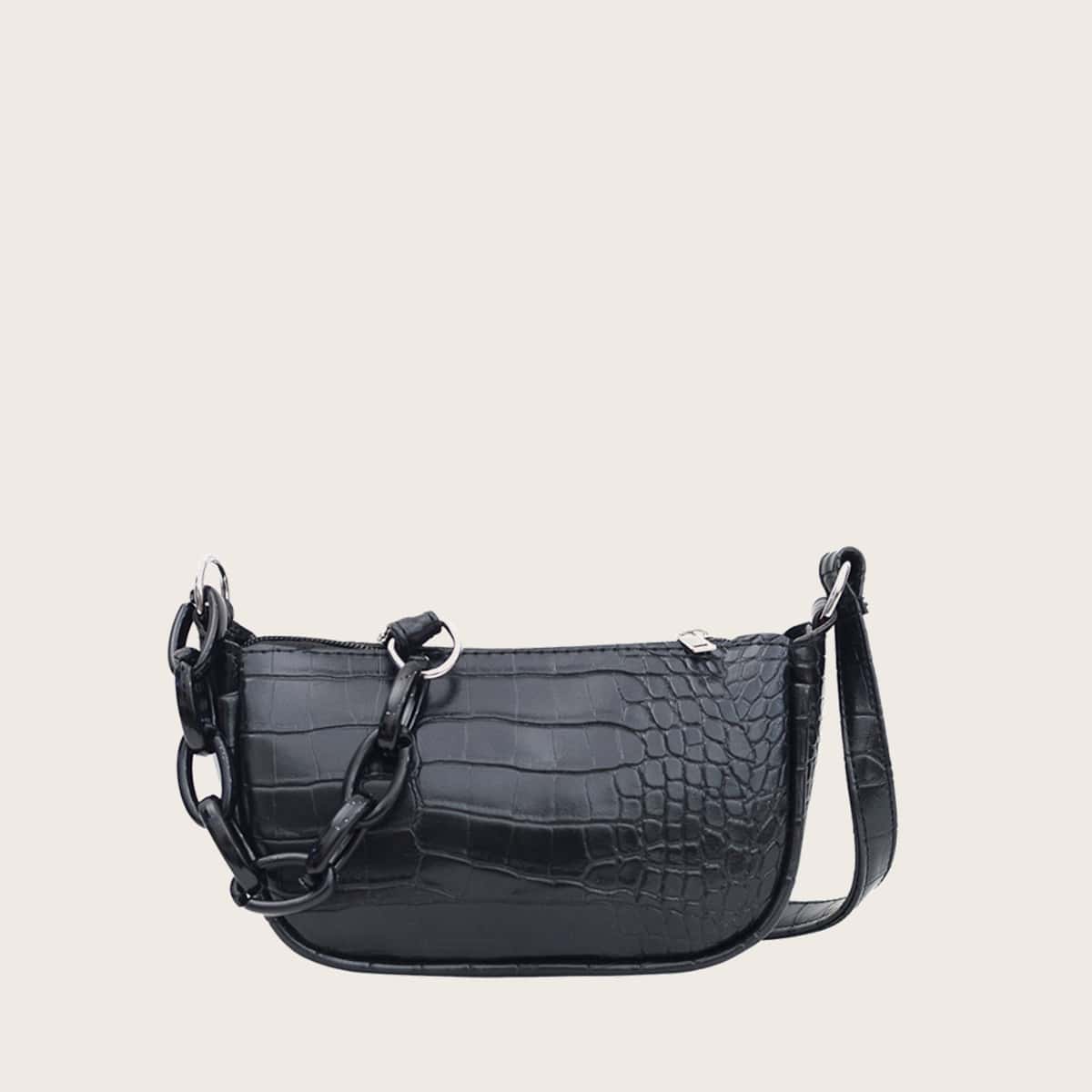 

Croc Embossed Baguette Bag, Black