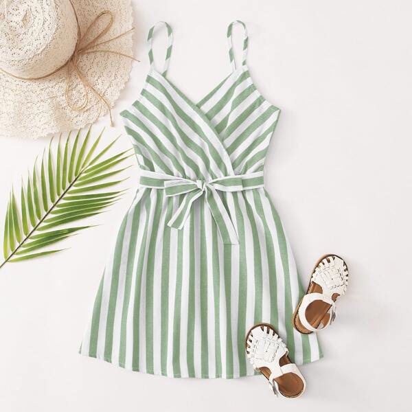 

Girls Surplice Neck Self Belted Striped Slip Dress, Green