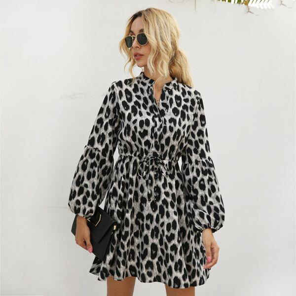 

All Over Print Bishop Sleeve Drawstring Waist Shirt Dress, Multicolor