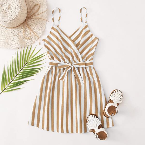 

Girls Surplice Neck Self Belted Striped Slip Dress, Multicolor