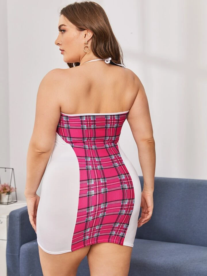 Our Plus Plaid Lace Trim Halter Bodycon Dress is such a vibe - ROMWE