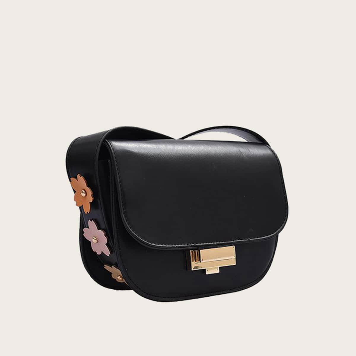

Floral Applique Flap Crossbody Bag, Black