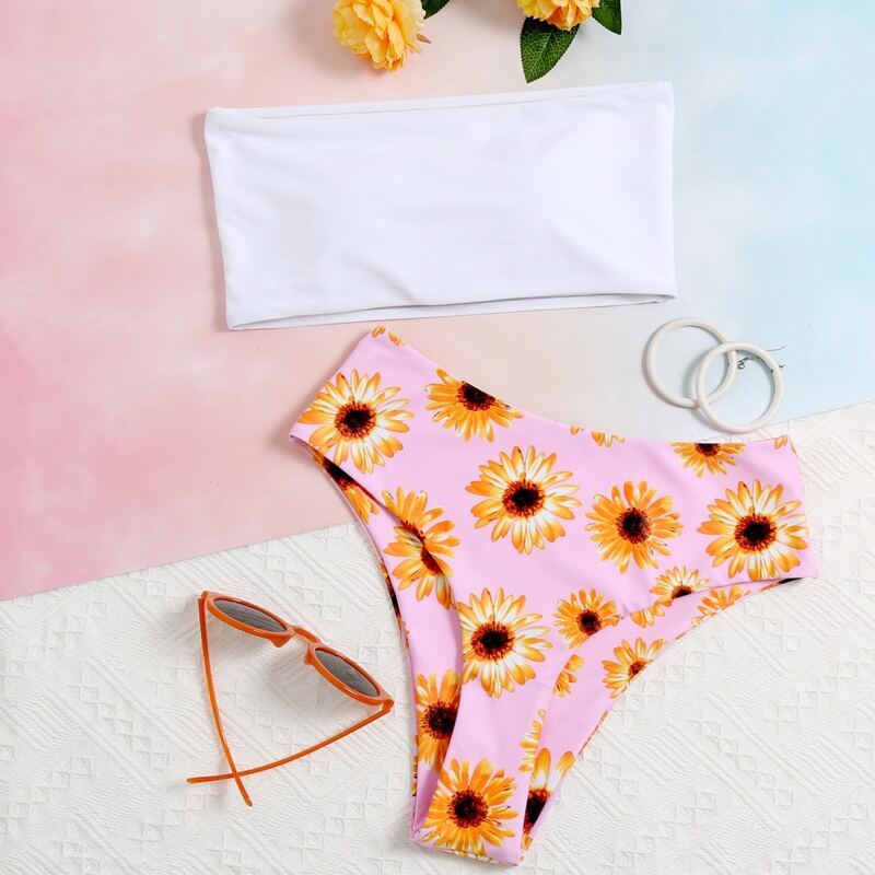 

Floral Bandeau High Waisted Bikini Swimsuit, Multicolor