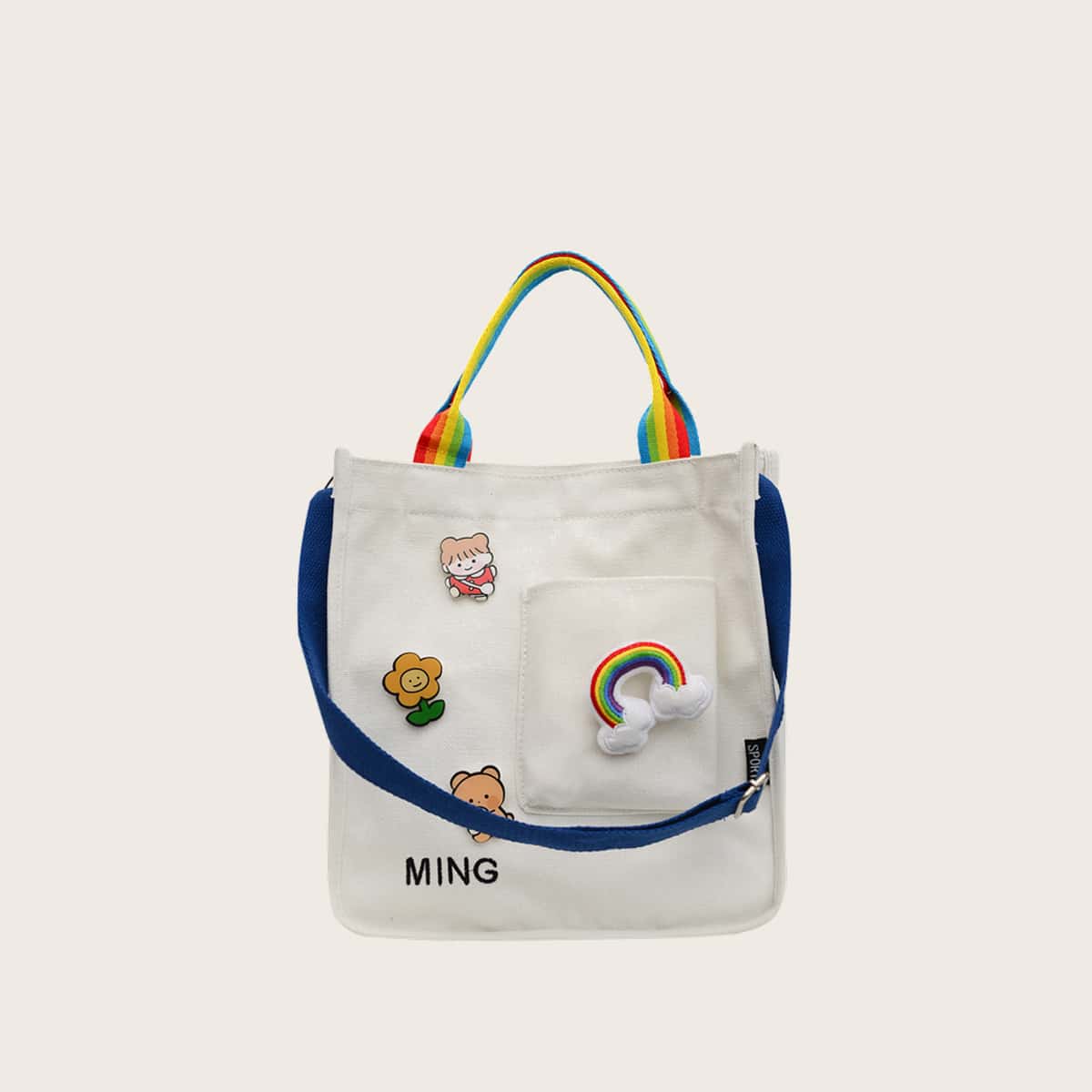 

Rainbow Strap Cartoon Canvas Bag, Beige