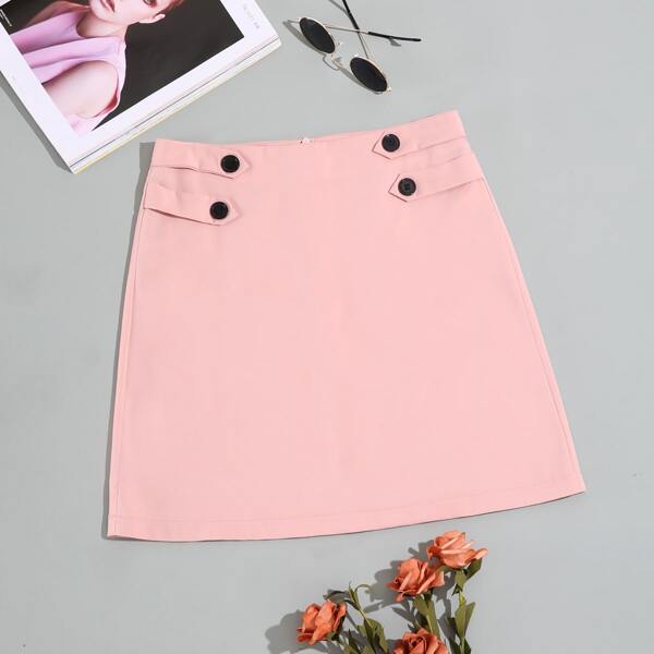 

Solid Button Detail Straight Skirt, Coral pink