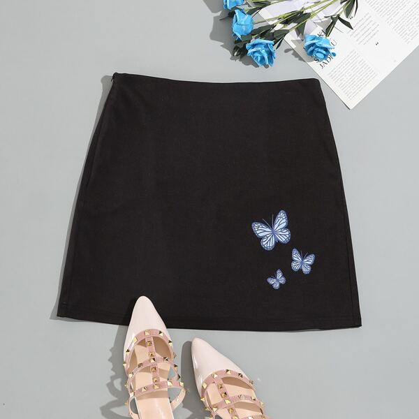 

Butterfly Print Mini Straight Skirt, Black