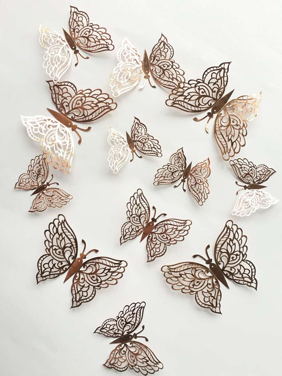 12入組蝴蝶造型墻面貼紙 - 金色 - 查看 1