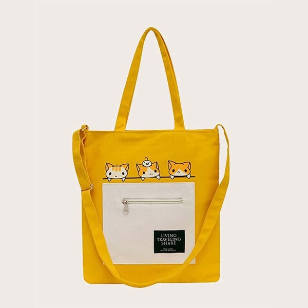 

Girls Cartoon Graphic Canvas Tote Bag, Yellow