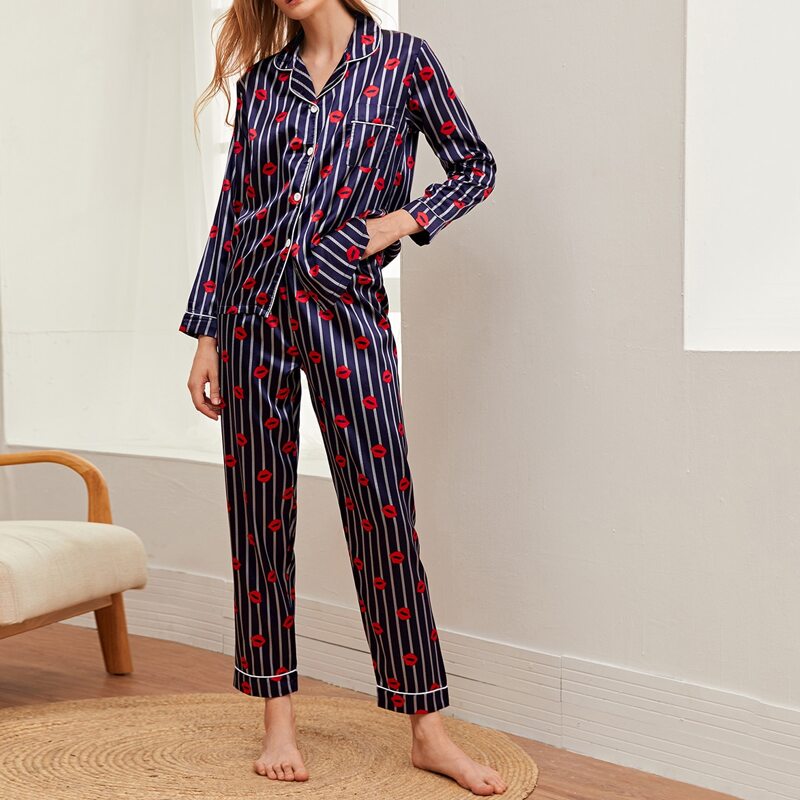 

Stripe & Figure Graphic Pants Satin PJ Set, Navy blue