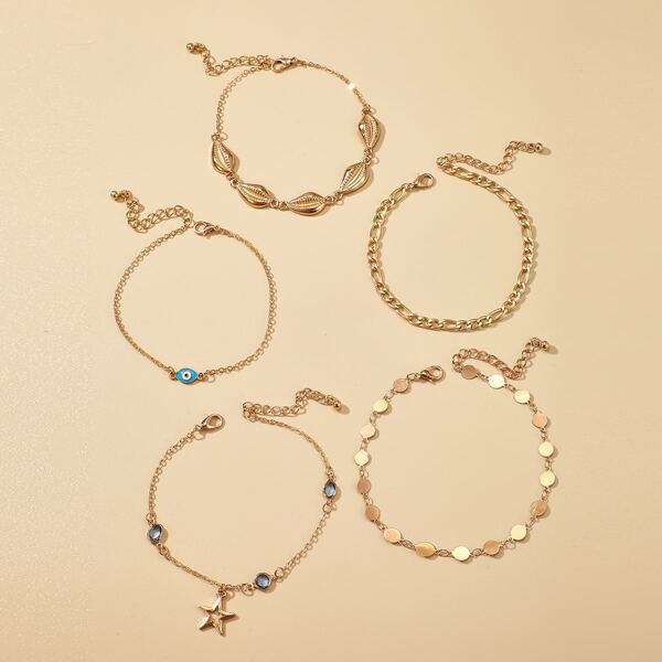 

5pcs Eye Star Decor Anklet, Gold
