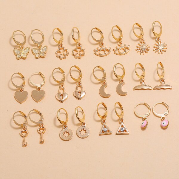 

12pairs Key Lock Eye Earrings, Gold
