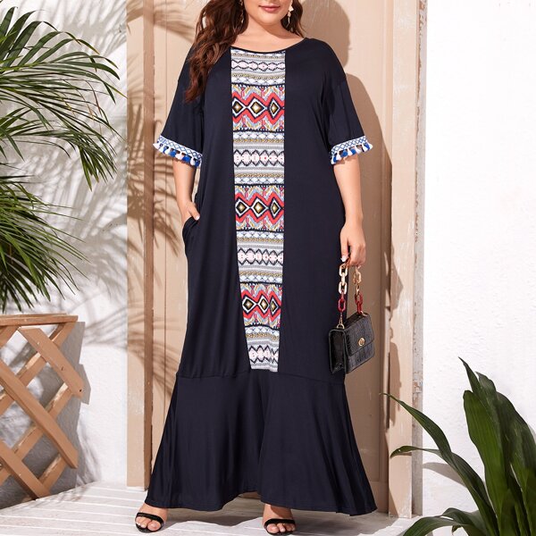 

Plus Tribal Panel Tassel Trim Babydoll Dress, Navy blue