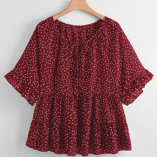 

Plus Polka Dot Tie Neck Babydoll Blouse, Burgundy