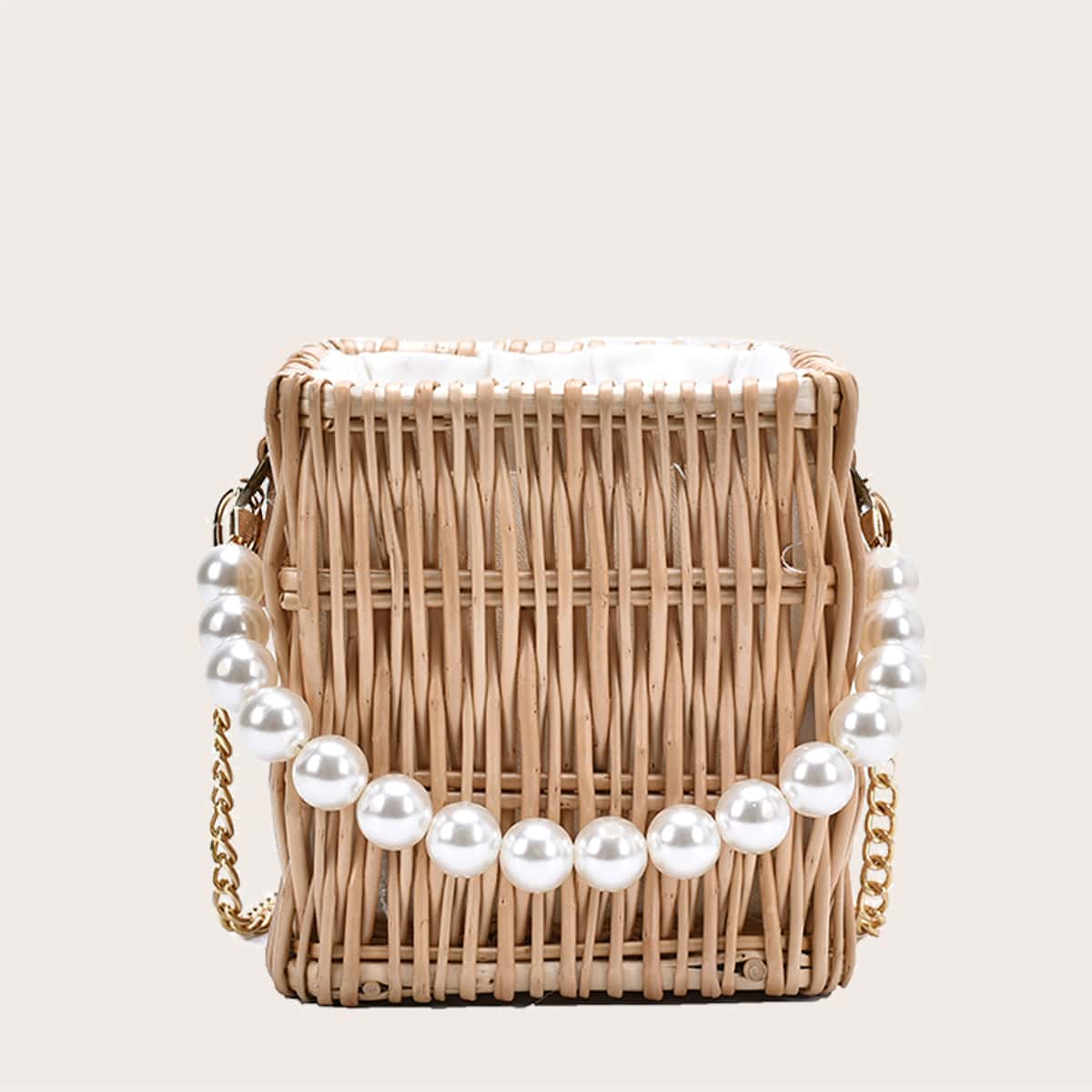 

Faux Pearl Handle Rattan Woven Bucket Bag, Khaki