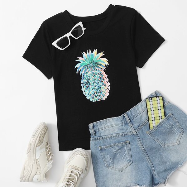 

Pineapple Print Round Neck Tee, Black