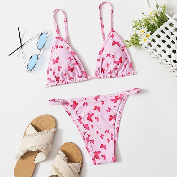 

Butterfly Print Triangle Thong Bikini Swimsuit, Pastel baby pink