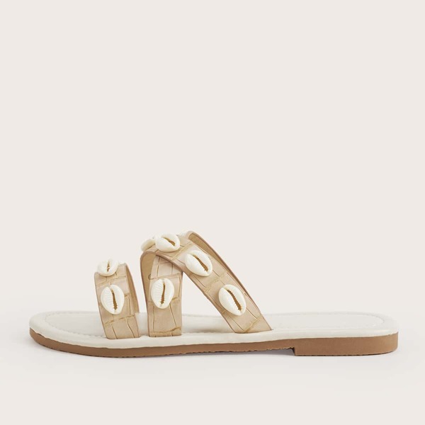

Shell Decor Croc Embossed Slide Sandals, Beige