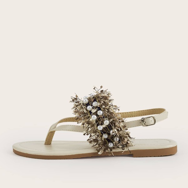 

Faux Pearl Decor Flat Thong Sandals, Beige