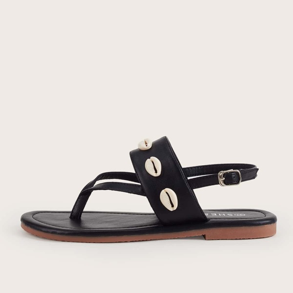 

Shell Decor Flat Thong Sandals, Black