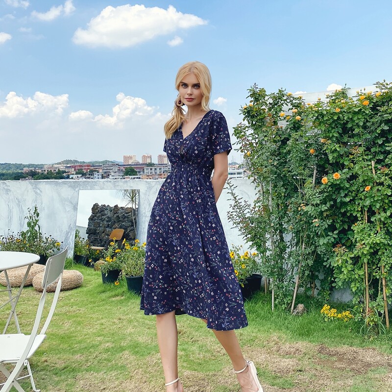 

Surplice Front Ditsy Floral A-line Dress, Navy blue