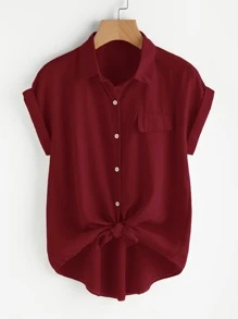 SHEIN LUNE Plus Size Doodle & Line Drawing Pattern Easter Shirt With Pockets For Summer - Burgundy - View 1