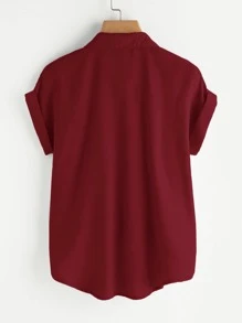 SHEIN LUNE Plus Size Doodle & Line Drawing Pattern Easter Shirt With Pockets For Summer - Burgundy - View 2