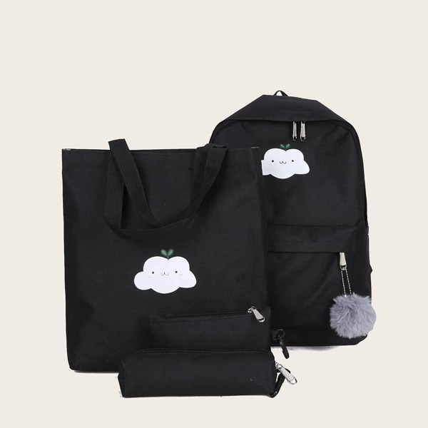 

4pcs Girls Cartoon Cloud Pattern Bag Set, Black