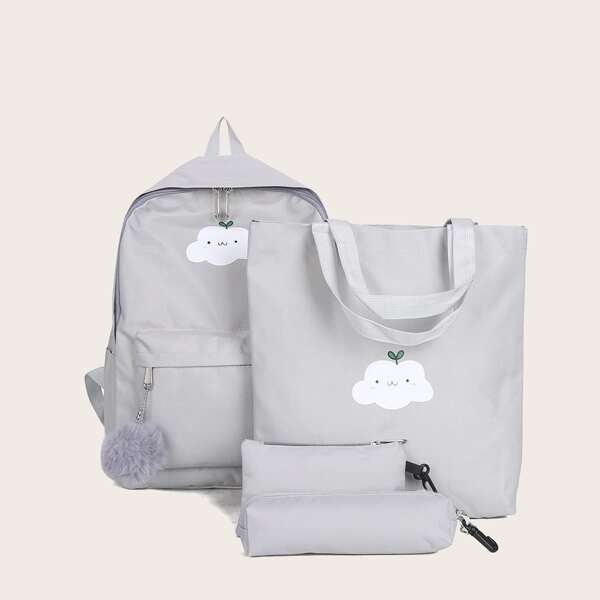 

4pcs Girls Cartoon Cloud Pattern Bag Set, Grey