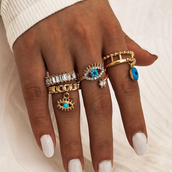 

4pcs Rhinestone Eye Decor Ring, Gold
