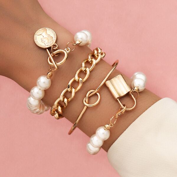 

4pcs Faux Pearl Lock Decor Bracelet, Gold