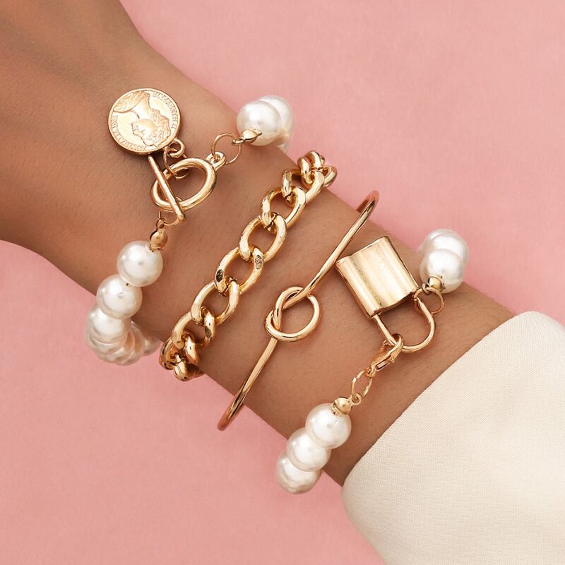 

4pcs Faux Pearl Lock Decor Bracelet, Gold