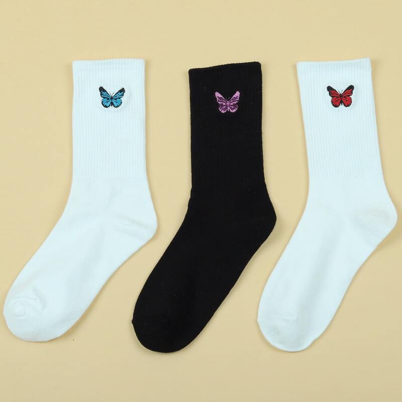 

3pairs Butterfly Embroidery Socks, Black and white