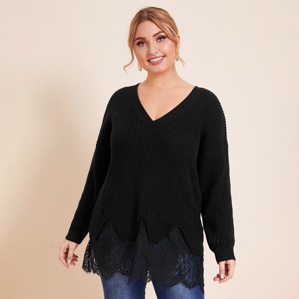

Plus V-neck Contrast Lace Scallop Sweater, Black