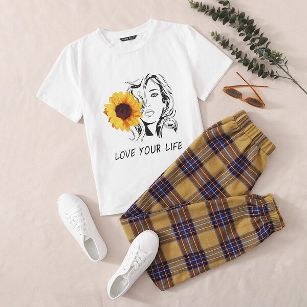 

Sunflower and Figure Graphic Top & Tartan Pants Set, Multicolor