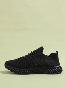 Minimalist Lace-up Front Knit Slip On Sneakers - Black - View 1