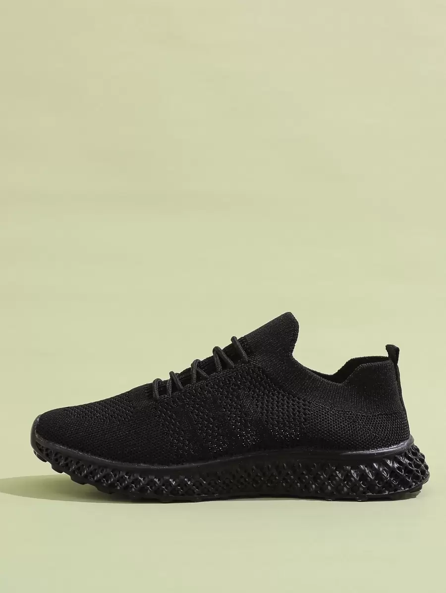Minimalist Lace-up Front Knit Slip On Sneakers - Black - View 1