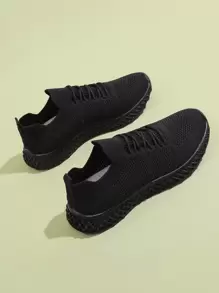 Minimalist Lace-up Front Knit Slip On Sneakers - Black - View 2