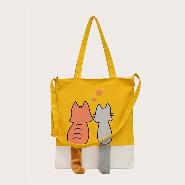 

Girls Cartoon Cat Print Canvas Tote Bag, Yellow